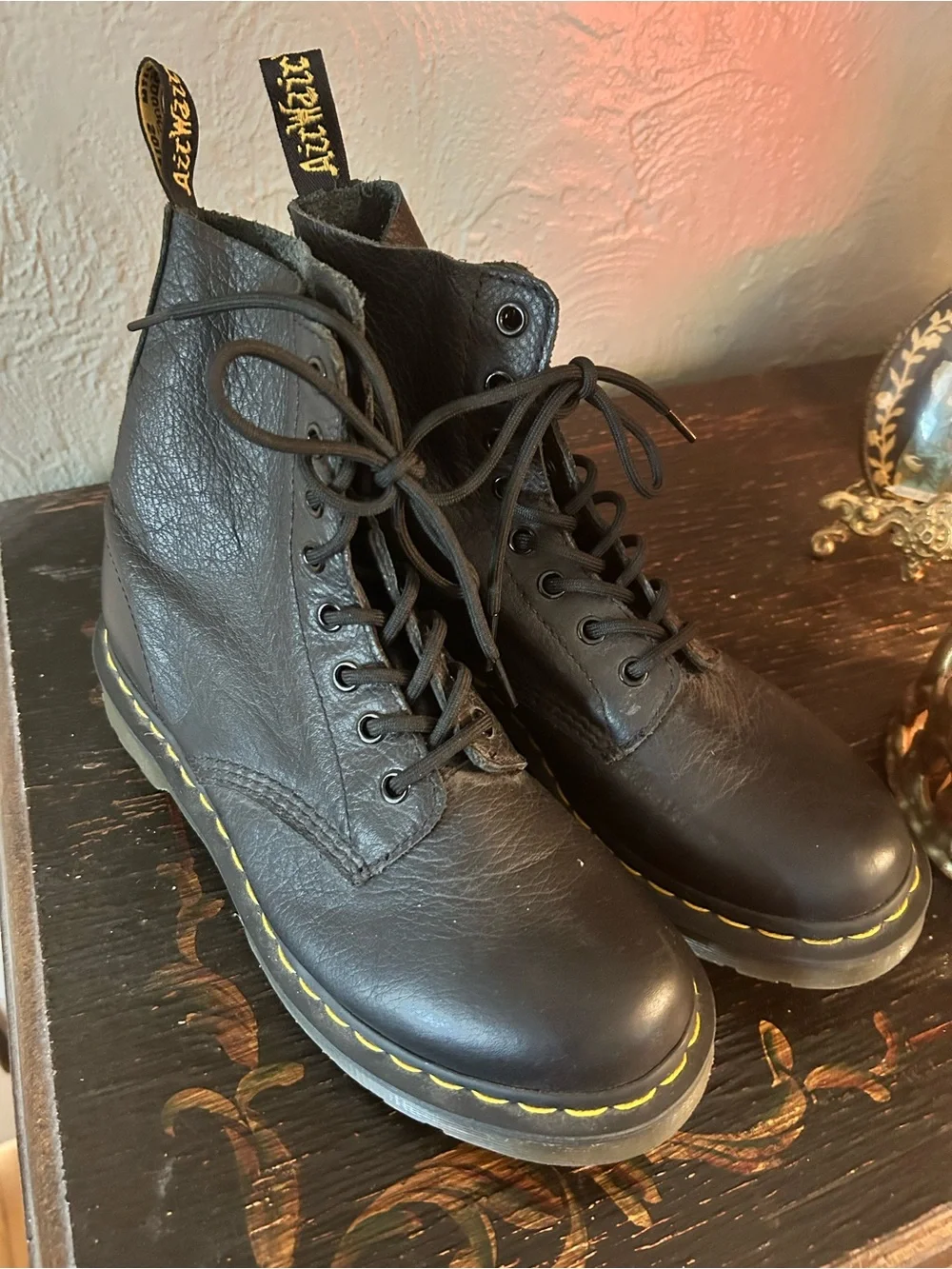 Dr. Martens Pascal Virginia Black Leather Lace-Up Boots with Yellow Stitching